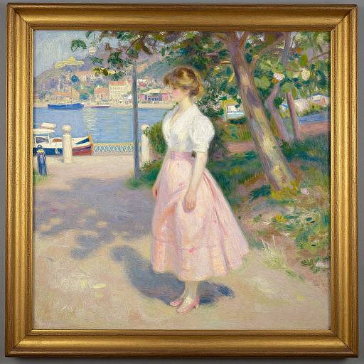 Impressionist painting of a young woman in white blouse and pink skirt standing by a waterfront, framed in ornate gold.