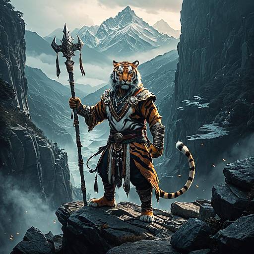 Anthropomorphic Tiger Mage on Mountain Cliff