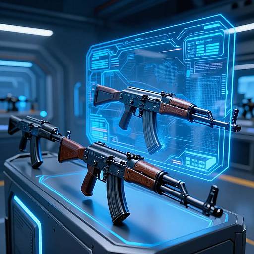 CGI image of two futuristic rifles with wooden stocks, displayed on a glowing blue holographic screen in a sleek, dark sci-fi corridor.
