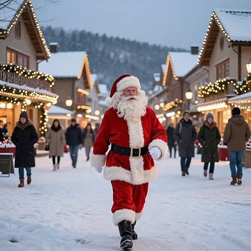 Photograph of Santa Claus in red suit with white trim, black belt, and white beard, walking through a snowy, illuminated Christmas market.