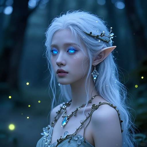 Digital fantasy portrait of a pale-skinned, blue-eyed, white-haired elf woman with pointed ears, glowing blue eyes, and delicate crystal jewelry, set
