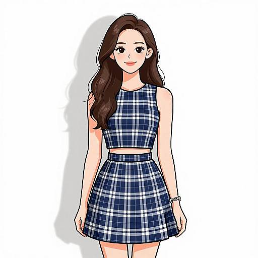 Smiling Woman in Preppy Plaid Outfit