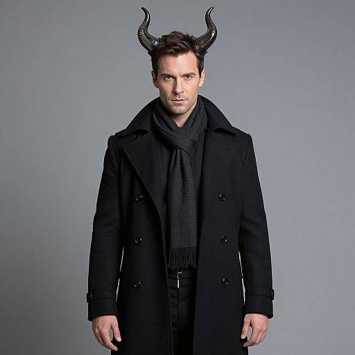 Photograph of a stern-looking man with dark hair, black horn headpiece, black coat, and scarf, standing against a gray background.