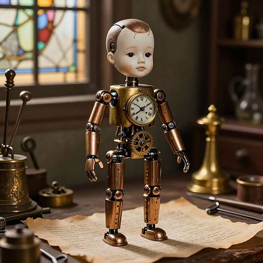Photograph of a vintage-style clockwork doll with brass gears and a clock face, standing on a wooden desk with antique writing tools and a stained glass