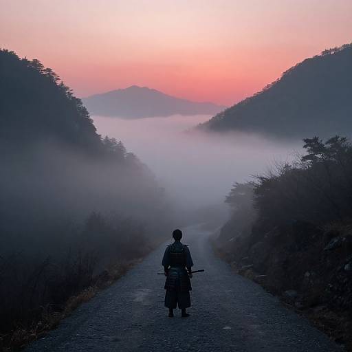 Photograph of a lone figure with a sword, silhouetted against a misty, pink-tinged sunrise, standing on a cobble
