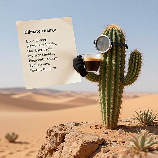 Photograph of a cactus with sunglasses, holding a sign stating 