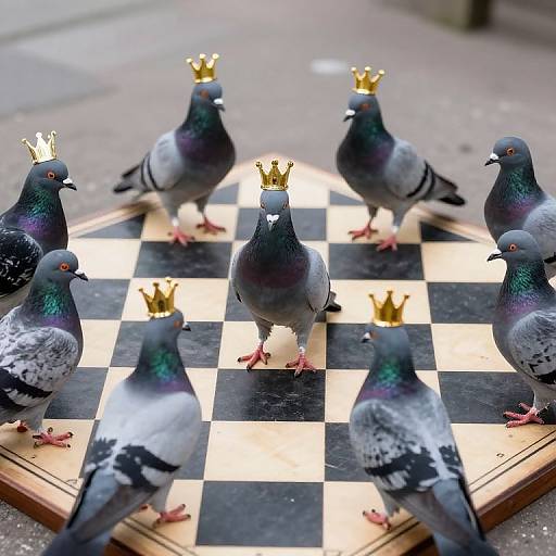 Photograph of seven pigeons with gold crowns standing on a black-and-white checkered chessboard, with one pigeon in the center. Urban street