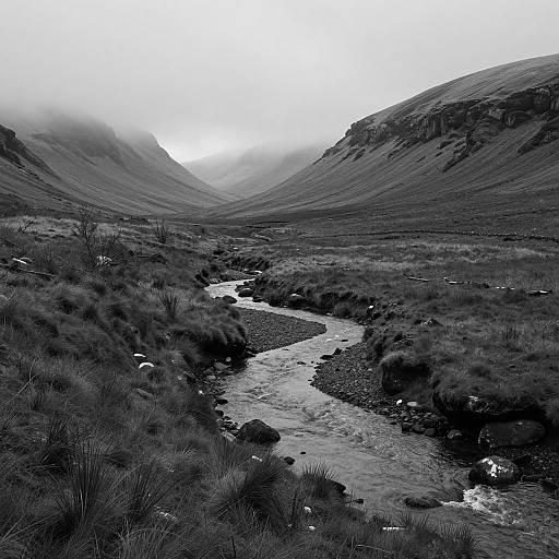 Misty Valley with Winding Stream in Black and White