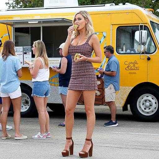 Photograph of a blonde woman in a sparkly, brown mini-dress and brown high heels, eating a hot dog in front of a bright yellow