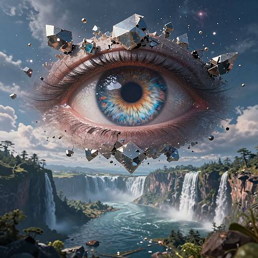 Digital artwork: Giant, detailed blue-eyed human eye with shattered fragments floating above a majestic waterfall and lush canyon landscape.