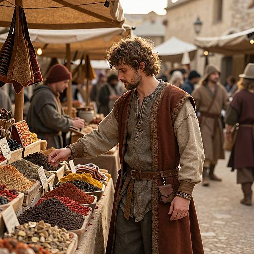 Photograph of a curly-haired, bearded man in medieval attire, shopping at a spice market, surrounded by vendors and blurred marketgoers.