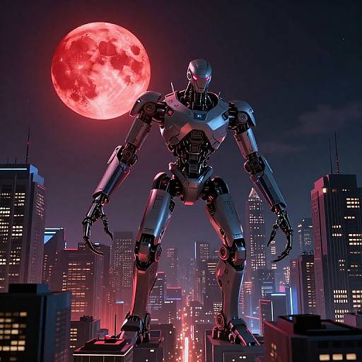 CGI image of a towering, metallic robot with glowing red eyes under a bright red full moon, standing in a neon-lit, futuristic cityscape