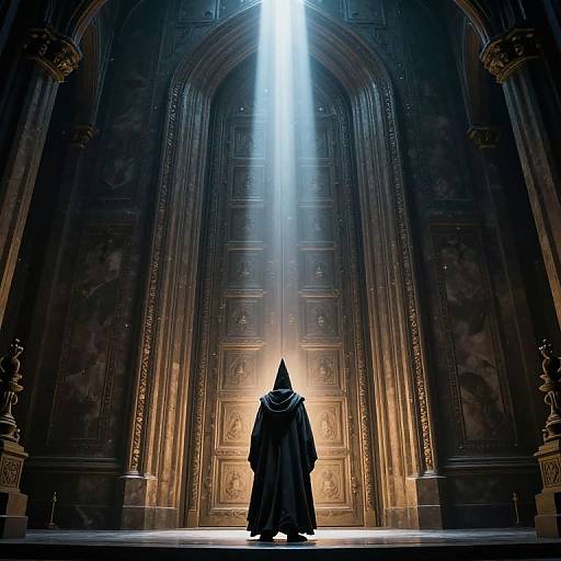 Digital artwork of a hooded figure in a dark cloak standing before a grand, illuminated, arched doorway with intricate carvings. Bright beam of