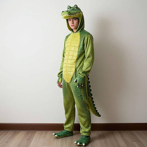 Photograph of a young boy in a green alligator costume with yellow chest, standing against a plain white wall on wooden floor.