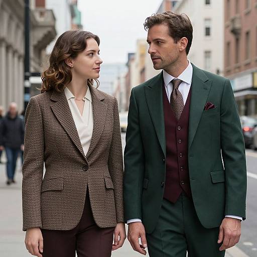 Photograph of a brown-haired woman in a brown checkered blazer and white blouse, walking beside a dark-haired man in a green suit and burg