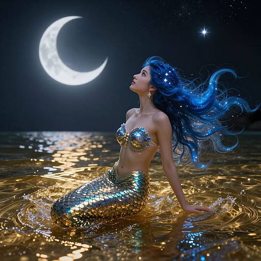 Photorealistic CGI of a blue-haired mermaid with shimmering gold scales, kneeling in golden water, under a glowing crescent moon and starry