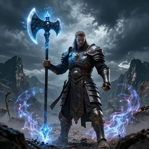 Fantasy warrior in ornate black armor with glowing blue axe, surrounded by ethereal blue flames, stands on rocky, mountainous terrain under a storm