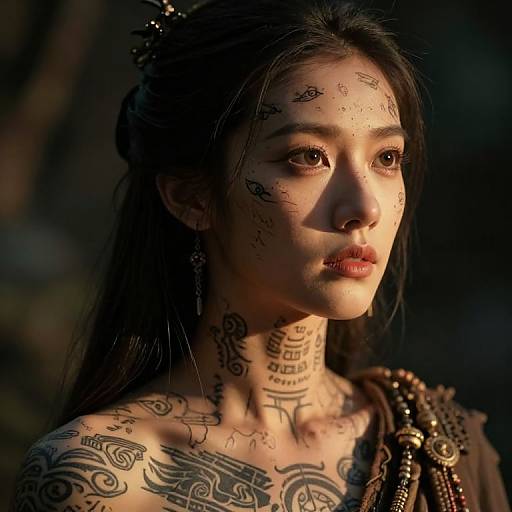 Photorealistic CGI portrait of a tattooed, dark-haired woman with intricate face and neck designs, soft candlelight highlighting her features.