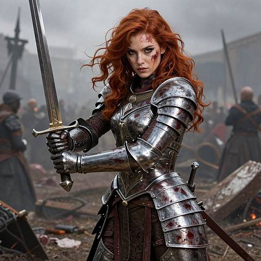 Digital art of a fierce, red-haired woman in silver armor holding a sword, blood on her face, amidst a smoky battlefield with fallen warriors and