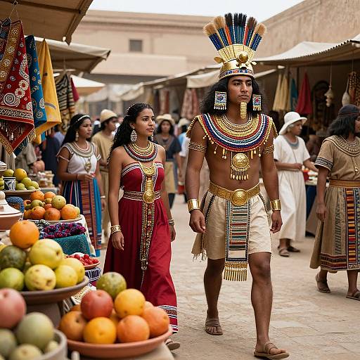 Photograph of Egyptian-themed market: muscular man in gold headdress, red and white traditional attire, and woman in red dress, standing among fruit stalls