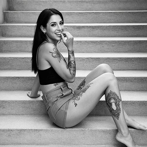Smiling Tattooed Woman on Steps