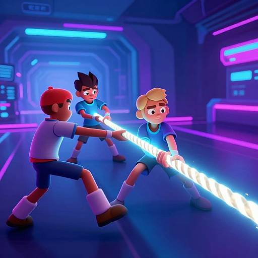 CGI image of three boys in a neon-lit futuristic corridor, wielding glowing blue lightsabers, mid-dual, with vibrant purple and blue