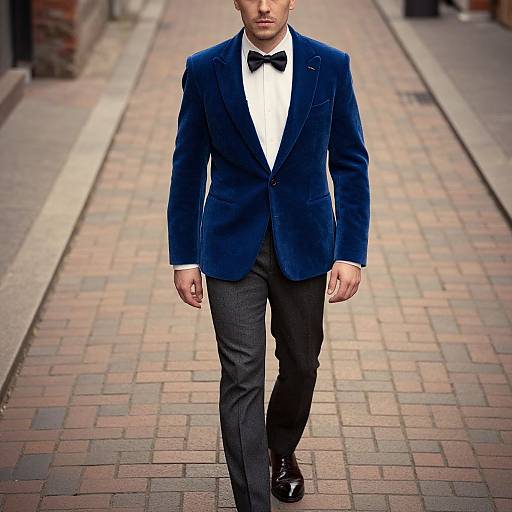 Photograph of a man walking down a brick-paved alleyway wearing a dark blue velvet blazer, white shirt, black bow tie, and black