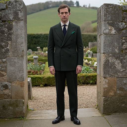 Photograph of a serious, fair-skinned man in a black suit and tie standing between stone garden gates, with a lush, green cemetery background.