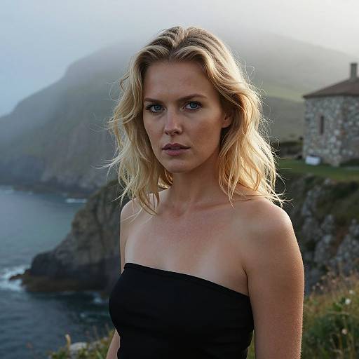Photograph of a serious-looking blonde woman with wavy hair in a black strapless top, standing against a misty coastal background with rocky cliffs and