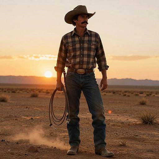 Photograph of a rugged cowboy at sunset in a desert, wearing a plaid shirt, jeans, cowboy hat, holding a lasso, with mountains