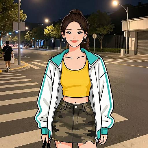 Digital illustration of a smiling Asian woman with dark hair in a ponytail, wearing a yellow crop top, camo skirt, and white jacket with blue