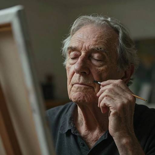 Photograph of an elderly man with wrinkled skin, gray hair, and closed eyes, painting with a brush in his right hand. Wearing a