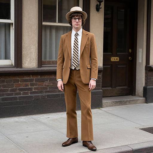 Photograph of a young man in a brown suit, white shirt, striped tie, brown fedora, and glasses, standing on a city sidewalk.