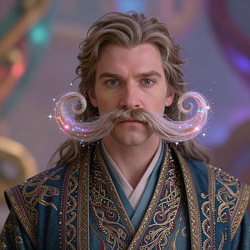 Digital artwork of a handsome man with long gray hair and an elaborate, glowing, curly mustache wearing an ornate, blue and gold robe.