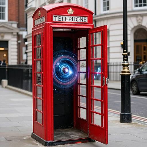 Photograph of a classic red British telephone booth with a glowing blue portal emitting light, positioned on a city street.