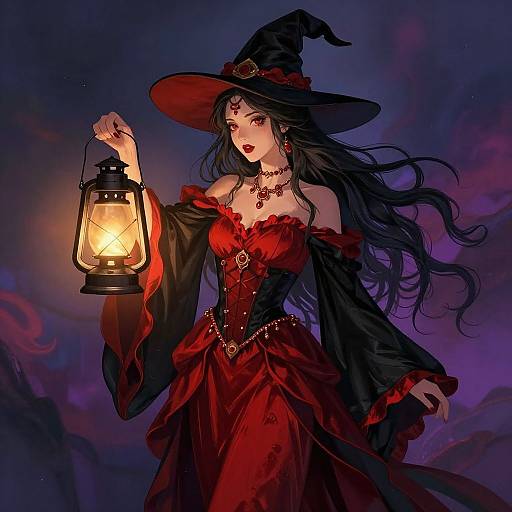 Digital painting of a beautiful witch with long black hair, red dress, and black hat, holding a glowing lantern against a purple twilight sky.