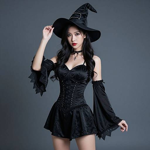 Photograph of an Asian woman in a black witch costume with a wide-brimmed hat, off-shoulder dress, and lace sleeves, against