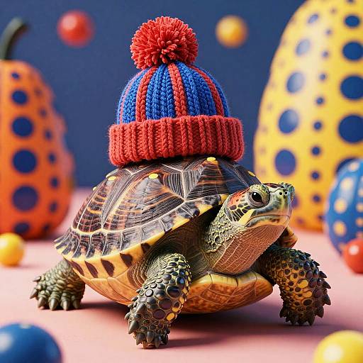 Turtle Wearing Knitted Beanie with Pom-Pom