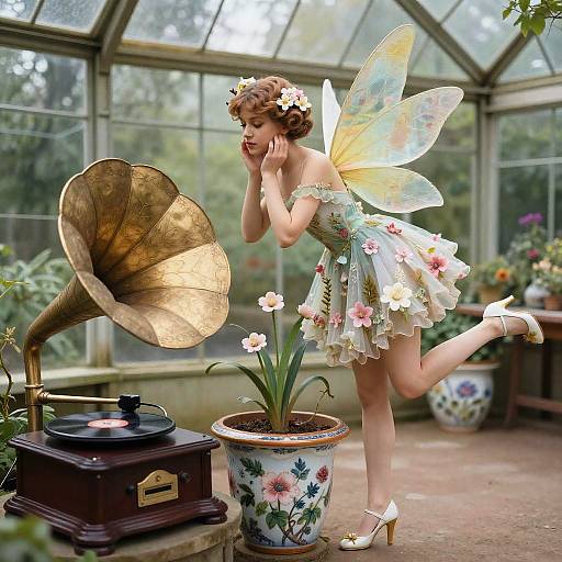 Vintage-style fairy in floral dress and iridescent wings listens to gramophone in sunlit greenhouse, with potted plant and record player.