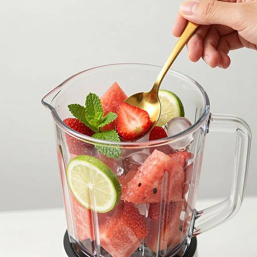Photograph of a hand using a gold spoon to mix watermelon, strawberries, lime slices, and mint in a clear blender pitcher.