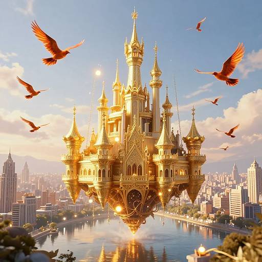 Fantastical golden castle with ornate spires and glowing windows floats above a city, surrounded by flying red birds against a bright, blue sky.