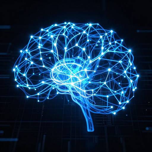 Digital artwork of a glowing blue brain composed of interconnected neon lights against a dark background, resembling a futuristic neural network.