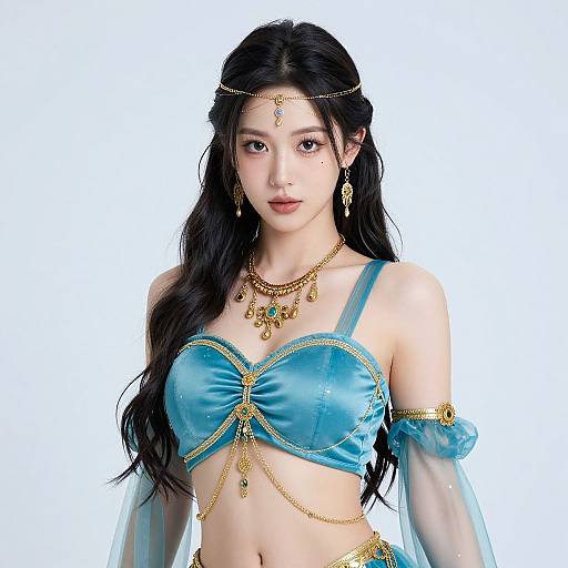 Digital illustration of an Asian woman with long black hair, wearing a blue satin bralette with gold chains, sheer sleeves, and ornate jewelry, against