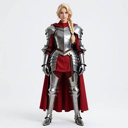 Photograph of a blonde woman in shiny silver medieval armor with a red cape, standing confidently against a white background.