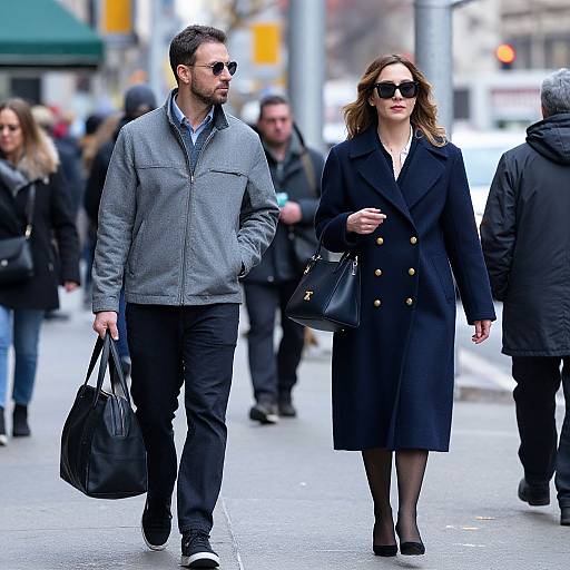 Photograph of a stylish couple walking on a city street; man in gray jacket, black pants, holding black bag; woman in navy coat, black