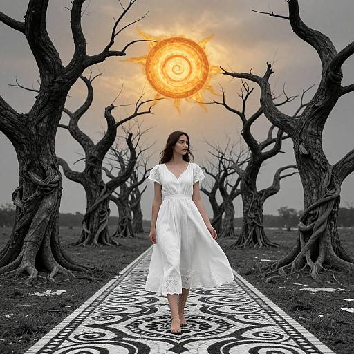 Photograph: A woman in a white dress walks barefoot on a black-and-white patterned path, surrounded by barren, twisted trees under a glowing