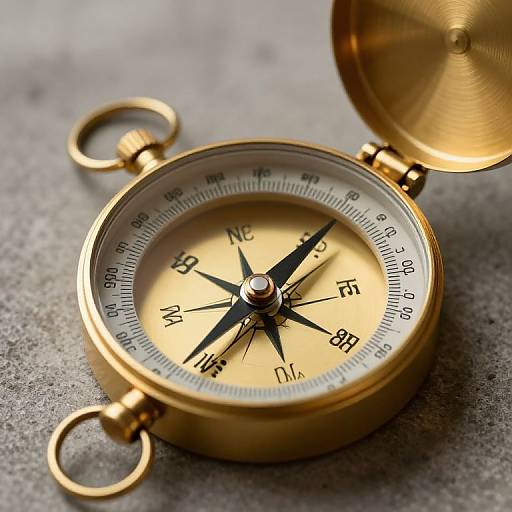 Photograph of a gold pocket compass with black needle and markings, open lid, on a textured gray surface.