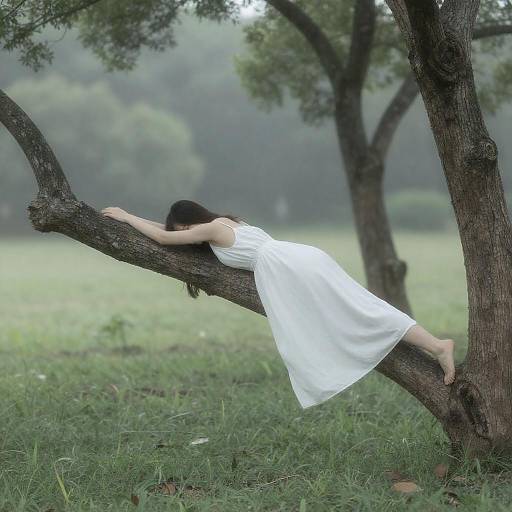 Woman in White Dress Leaning on Tree Branch