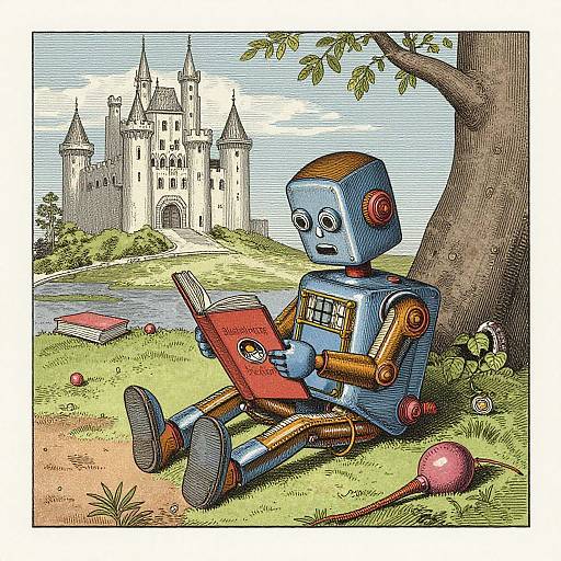 Vintage Robot Reading by Castle