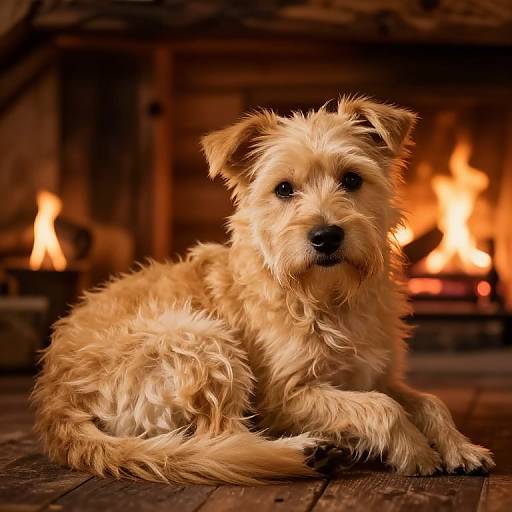 Photograph of a cute, fluffy, light-brown terrier puppy lying in front of a warmly glowing fireplace, with soft, golden light illuminating